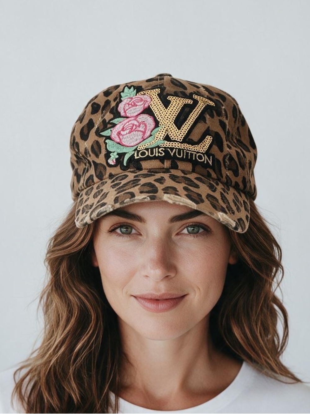 Leopard print distressed baseball hat with sequin patch